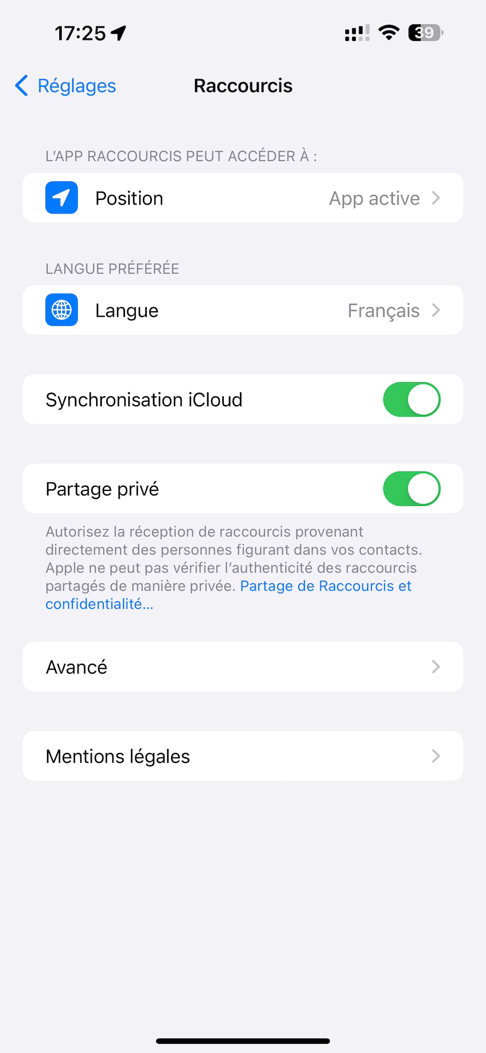 Copie écran Raccourcis dans l'application Réglages d'iOS