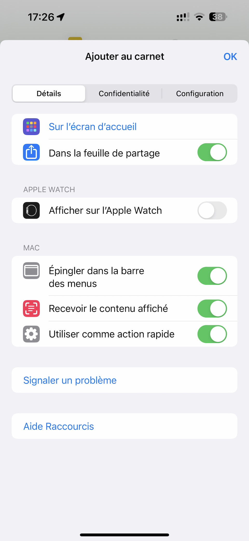 Copie écran Informations du raccourci