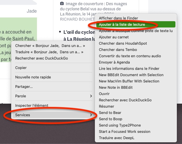 Copie écran menu contextuel Services