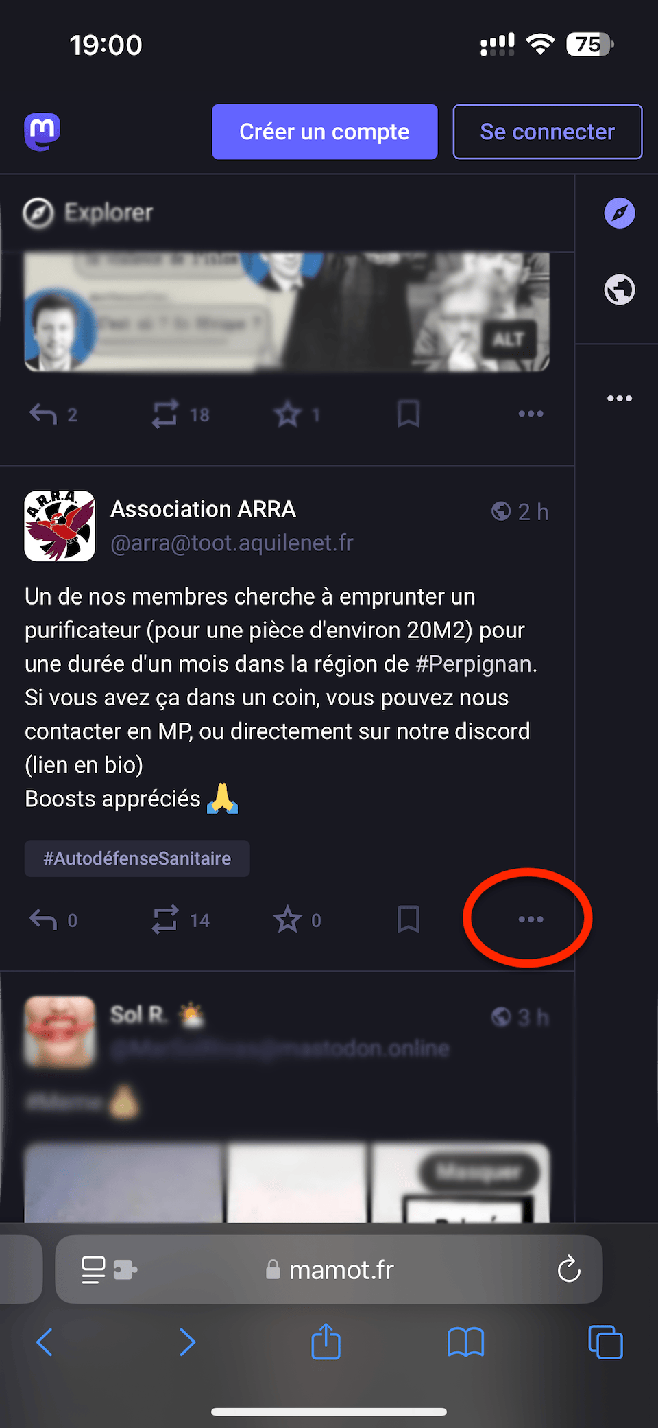 Capture d'écran d'un message affiché par un serveur web Mastodon. Un signe '...' signalant la présence d'un menu contextuel a été entouré en rouge pour attirer l'attention.