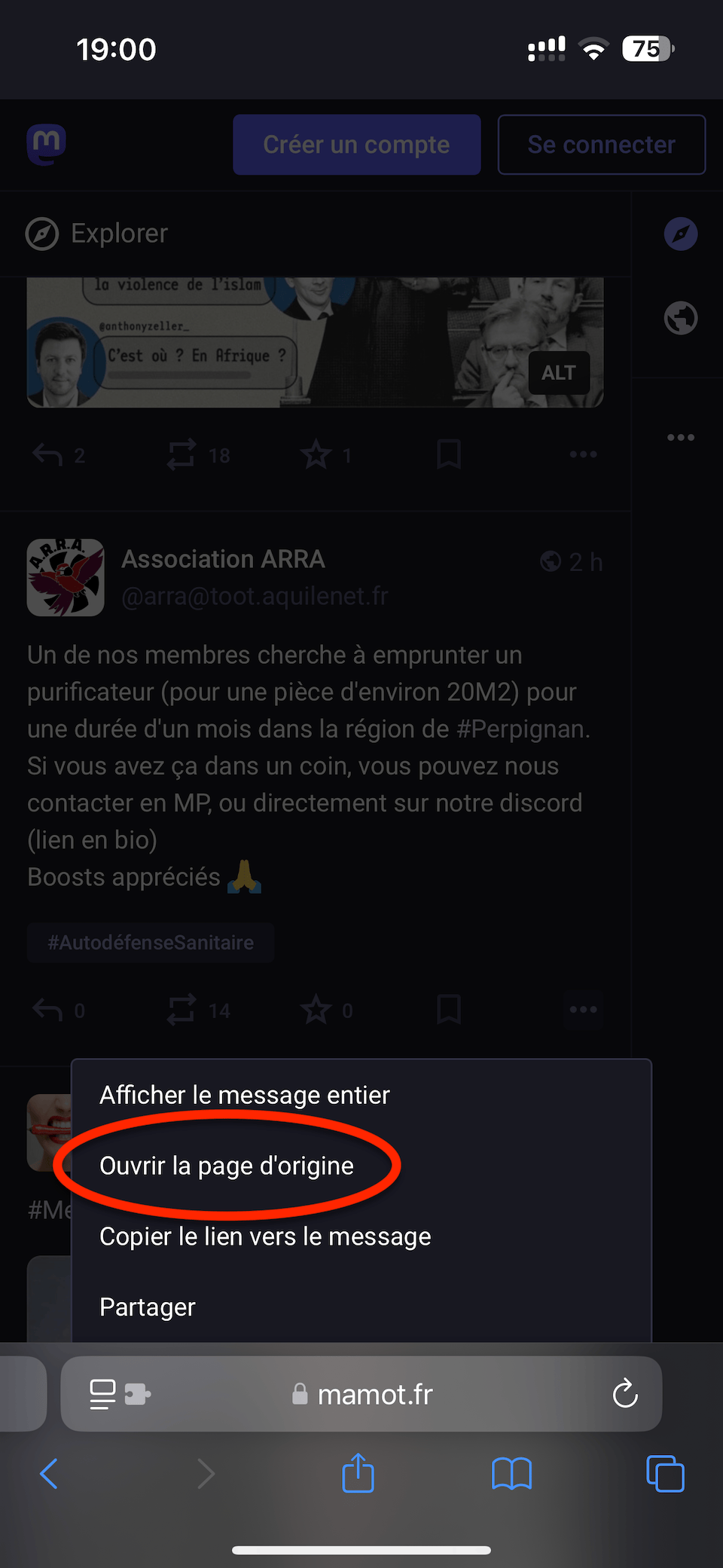 Capture d'écran du contenu du menu contextuel précédemment cité. L'élément 'Ouvrir la page d'origine' a été entouré en rouge.