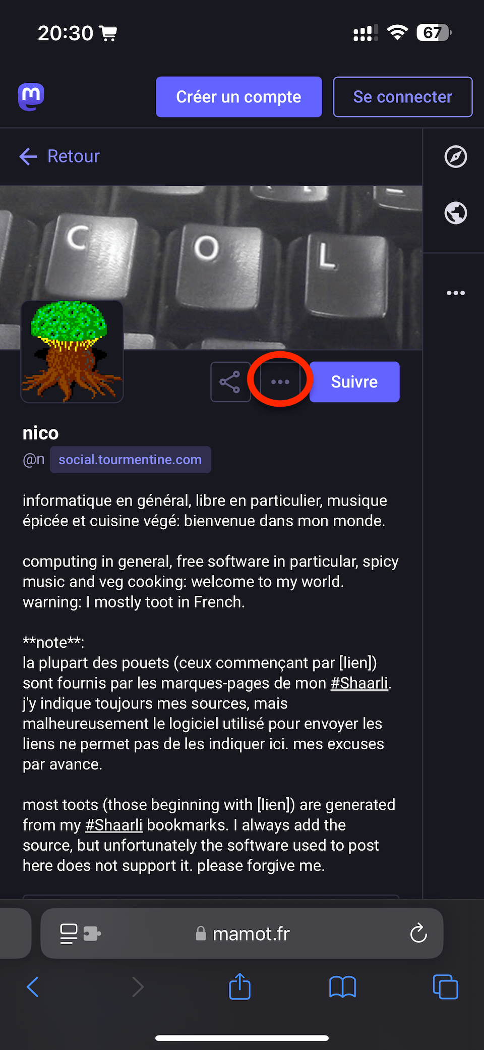 Capture d'écran d'un profil utilisateur affiché par un serveur web Mastodon. Un signe '...' signalant la présence d'un menu contextuel a été entouré en rouge pour attirer l'attention.