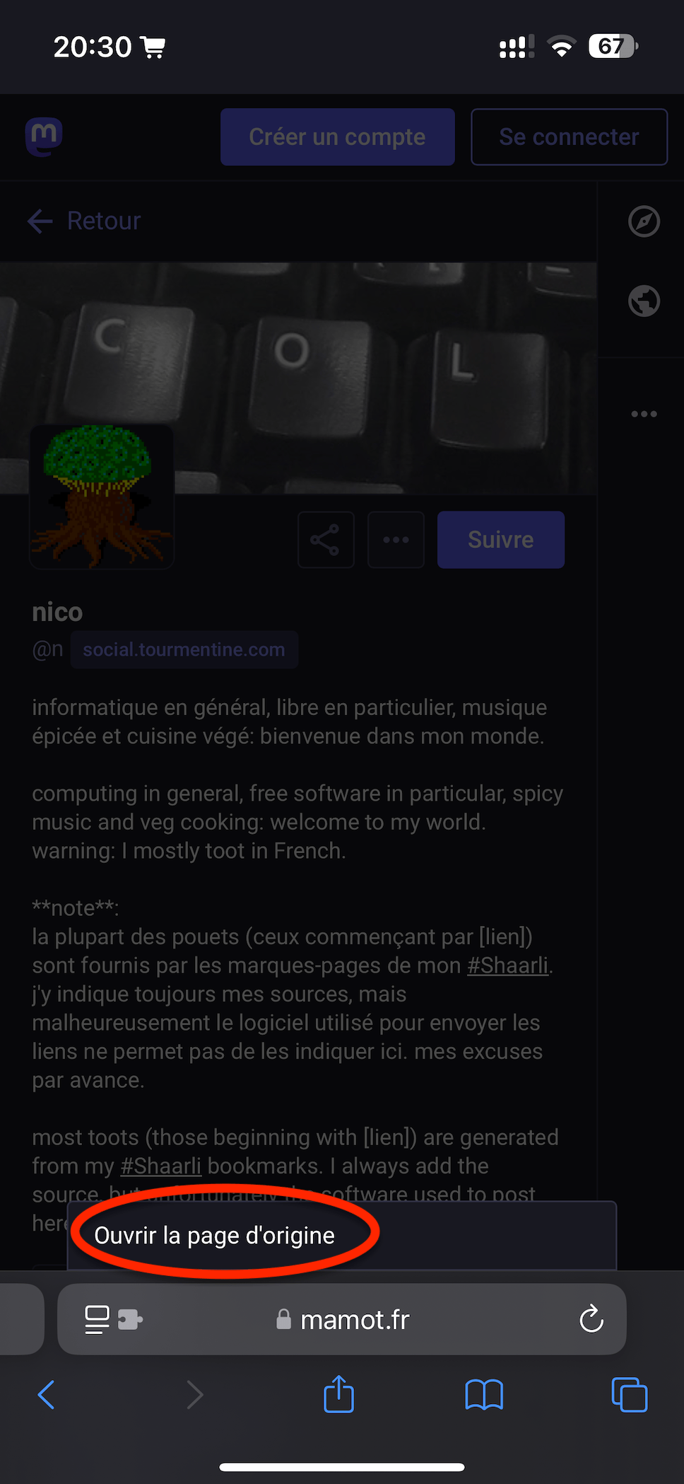 Capture d'écran du contenu du menu contextuel précédemment cité. L'élément 'Ouvrir la page d'origine' a été entouré en rouge.