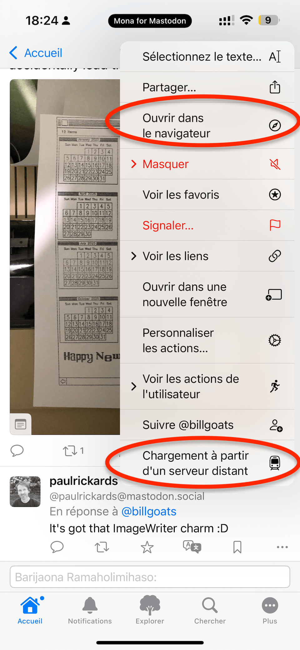 Capture d'écran d'un menu contextuel dans l'application Mona. Les éléments 'Ouvrir dans le navigateur' et 'Chargement à partir d’un serveur distant' ont été entourés en rouge.
